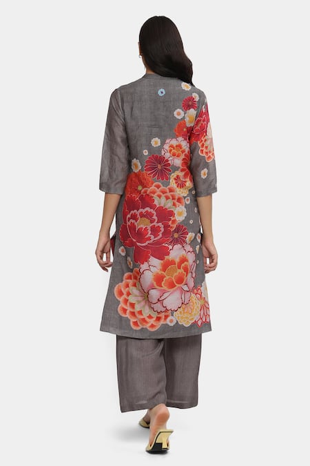 Shop Satya Paul Grey Chanderi Beads Bandeau Neck Bloom Print Kurta And Pant Set at Aza Fashions Shop_Satya Paul_Grey Chanderi Beads Bandeau Neck Bloom Print Kurta And Pant Set _at_Aza_Fashions