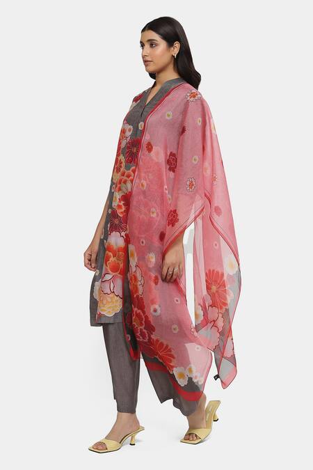 Satya Paul Grey Chanderi Beads Bandeau Neck Bloom Print Kurta And Pant Set Online at Aza Fashions Satya Paul_Grey Chanderi Beads Bandeau Neck Bloom Print Kurta And Pant Set _Online_at_Aza_Fashions