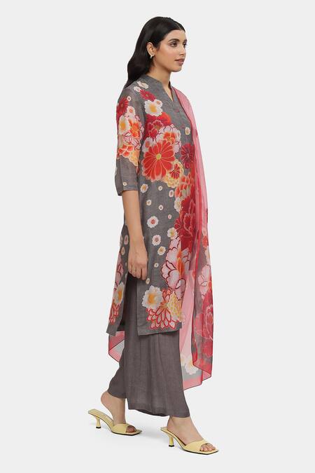 Buy Satya Paul Grey Chanderi Beads Bandeau Neck Bloom Print Kurta And Pant Set Online at Aza Fashions Buy_Satya Paul_Grey Chanderi Beads Bandeau Neck Bloom Print Kurta And Pant Set _Online_at_Aza_Fashions