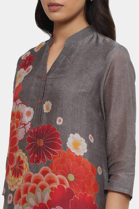 Shop Satya Paul Grey Chanderi Beads Bandeau Neck Bloom Print Kurta And Pant Set Online at Aza Fashions Shop_Satya Paul_Grey Chanderi Beads Bandeau Neck Bloom Print Kurta And Pant Set _Online_at_Aza_Fashions