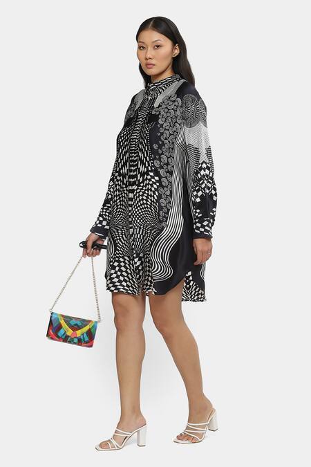 Satya Paul_Black Satin Bandeau Neck Graphic Print Collar Tunic _Online_at_Aza_Fashions