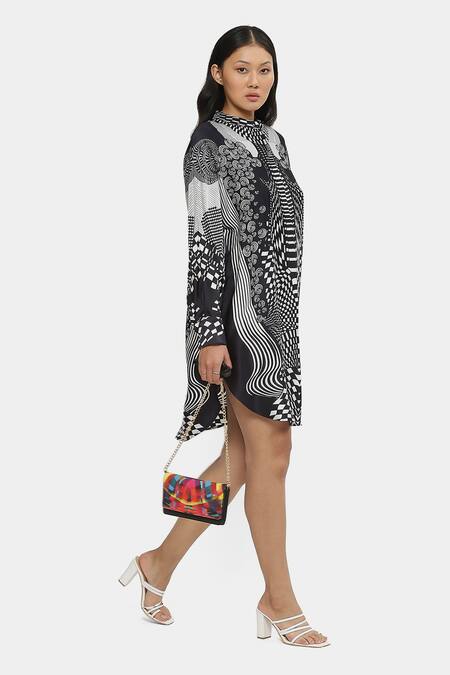 Buy_Satya Paul_Black Satin Bandeau Neck Graphic Print Collar Tunic _Online_at_Aza_Fashions