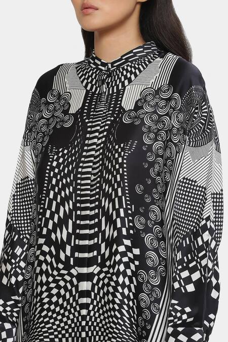 Shop_Satya Paul_Black Satin Bandeau Neck Graphic Print Collar Tunic _Online_at_Aza_Fashions