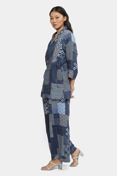 Satya Paul_Blue Linen Shawl Neck Glacial Grace Printed Kimono Top _Online_at_Aza_Fashions