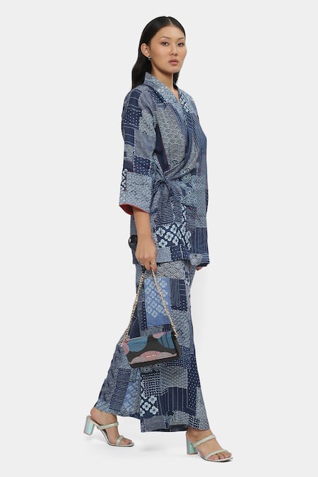 Buy_Satya Paul_Blue Linen Shawl Neck Glacial Grace Printed Kimono Top _Online_at_Aza_Fashions