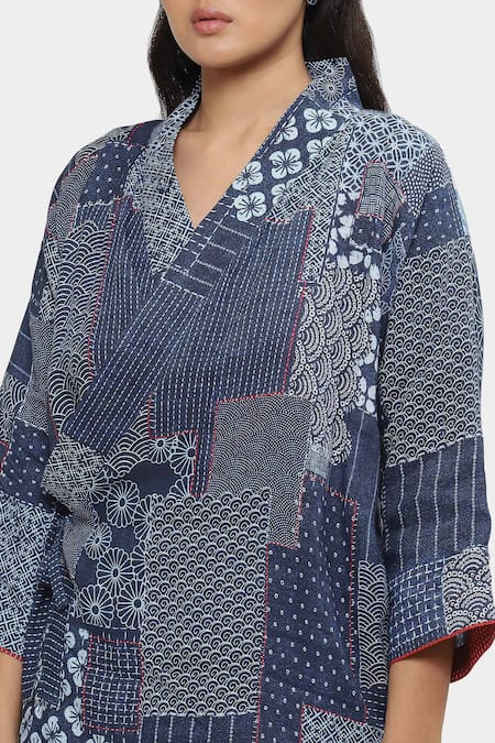 Shop_Satya Paul_Blue Linen Shawl Neck Glacial Grace Printed Kimono Top _Online_at_Aza_Fashions