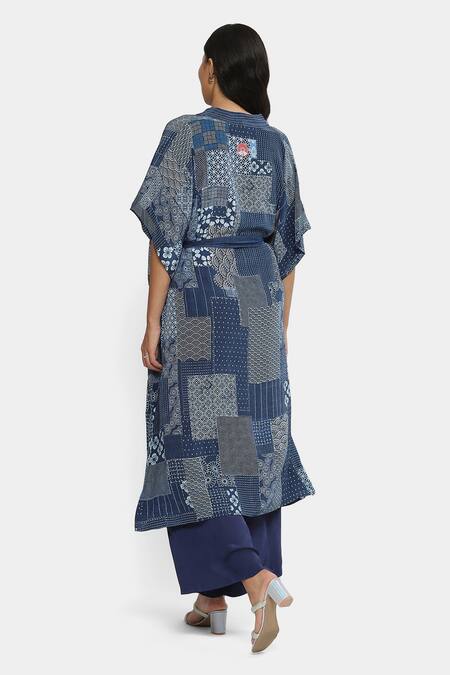 Shop Satya Paul Blue Shawl Neck Electric Dreams Printed Kaftan at Aza Fashions Shop_Satya Paul_Blue Shawl Neck Electric Dreams Printed Kaftan _at_Aza_Fashions