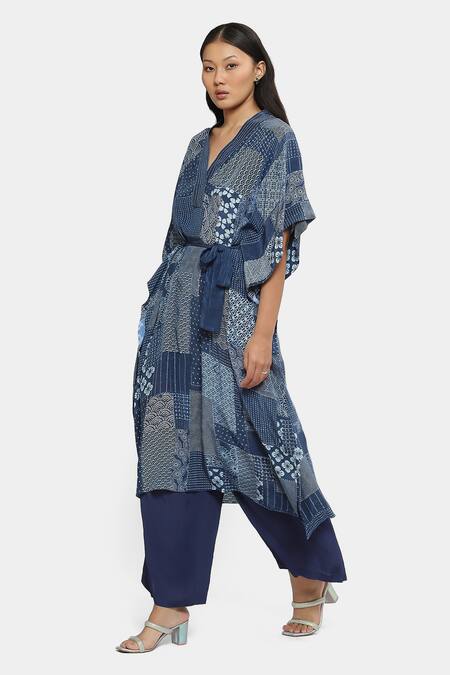 Satya Paul Blue Shawl Neck Electric Dreams Printed Kaftan Online at Aza Fashions Satya Paul_Blue Shawl Neck Electric Dreams Printed Kaftan _Online_at_Aza_Fashions