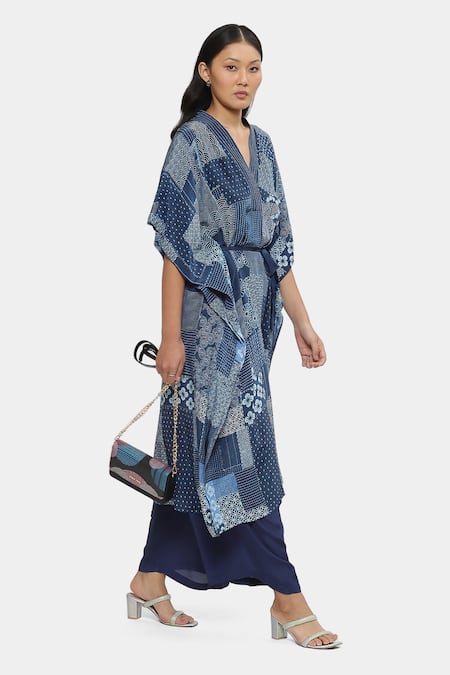 Buy Satya Paul Blue Shawl Neck Electric Dreams Printed Kaftan Online at Aza Fashions Buy_Satya Paul_Blue Shawl Neck Electric Dreams Printed Kaftan _Online_at_Aza_Fashions