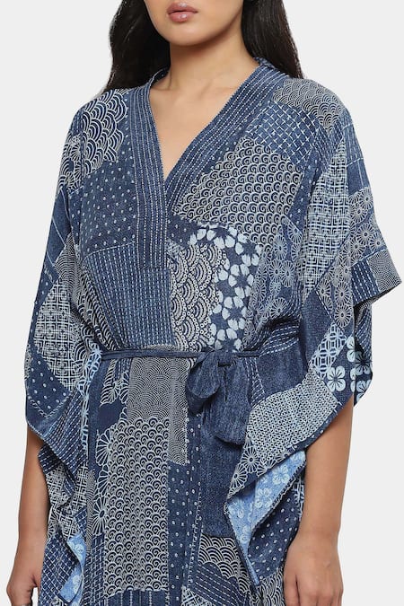 Shop Satya Paul Blue Shawl Neck Electric Dreams Printed Kaftan Online at Aza Fashions Shop_Satya Paul_Blue Shawl Neck Electric Dreams Printed Kaftan _Online_at_Aza_Fashions
