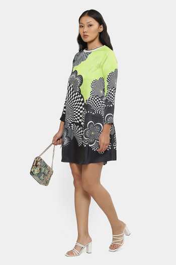 Satya Paul_Green Satin Round Neck Voguette Graphic Print Dress_Online_at_Aza_Fashions