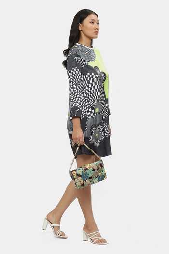 Buy_Satya Paul_Green Satin Round Neck Voguette Graphic Print Dress_Online_at_Aza_Fashions