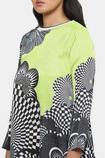 Shop_Satya Paul_Green Satin Round Neck Voguette Graphic Print Dress_Online_at_Aza_Fashions