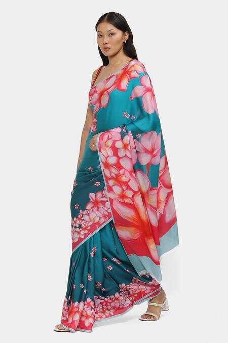 Satya Paul_Blue Satin, Georgette Frangipani Print Ombre Saree With Running Blouse _Online_at_Aza_Fashions