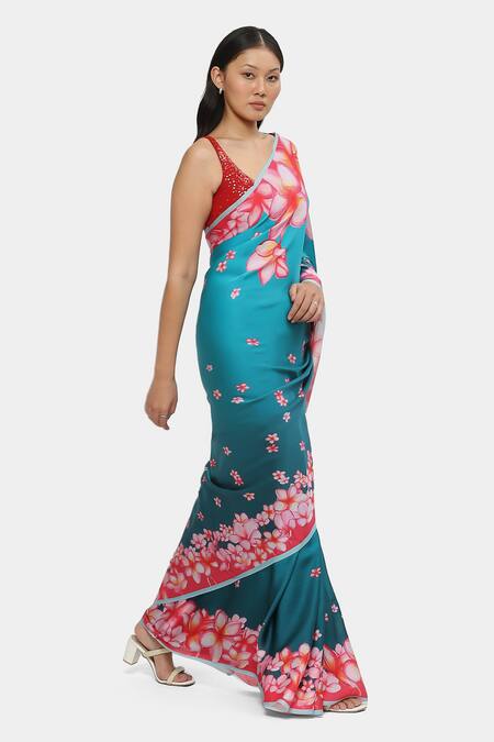 Buy_Satya Paul_Blue Satin, Georgette Frangipani Print Ombre Saree With Running Blouse _Online_at_Aza_Fashions