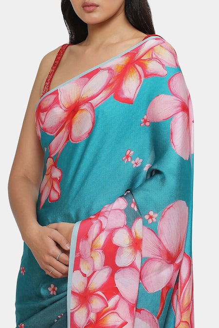 Shop_Satya Paul_Blue Satin, Georgette Frangipani Print Ombre Saree With Running Blouse _Online_at_Aza_Fashions