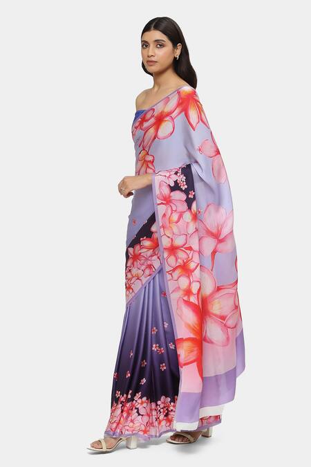 Satya Paul_Grey Satin, Georgette Embroidery Via East Printed Saree With Running Blouse _Online_at_Aza_Fashions