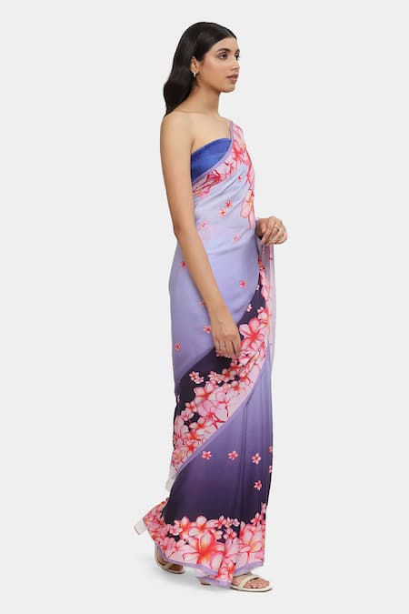 Buy_Satya Paul_Grey Satin, Georgette Embroidery Via East Printed Saree With Running Blouse _Online_at_Aza_Fashions