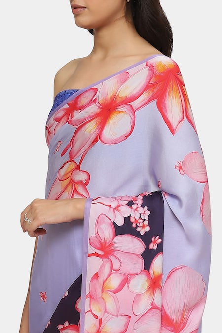 Shop_Satya Paul_Grey Satin, Georgette Embroidery Via East Printed Saree With Running Blouse _Online_at_Aza_Fashions