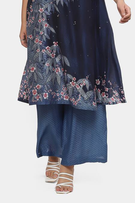 Buy_Satya Paul_Blue Cotton Embroidery V-neck Into Depths Floral Pattern Angarkha And Pant Set _Online_at_Aza_Fashions