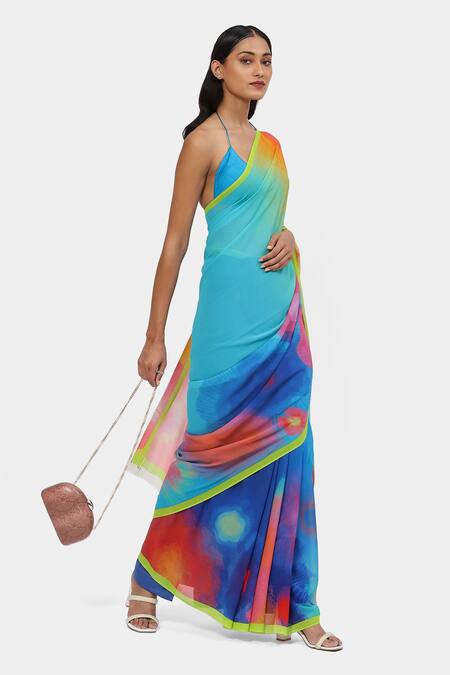 Buy_Satya Paul_Multi Color Georgette, Silk Technicolor Romance Saree With Running Blouse_Online_at_Aza_Fashions
