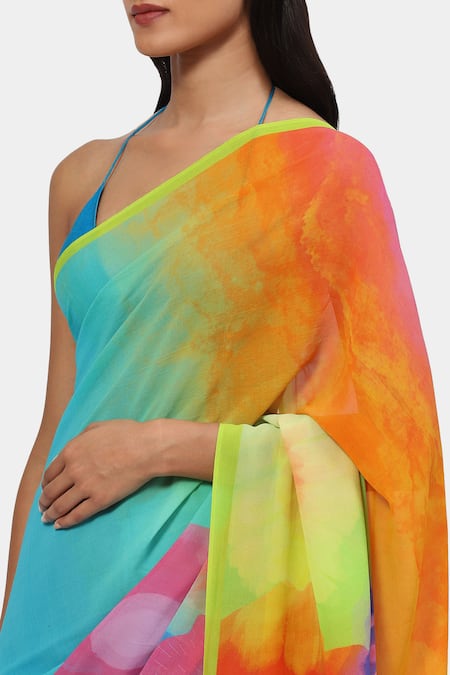 Shop_Satya Paul_Multi Color Georgette, Silk Technicolor Romance Saree With Running Blouse_Online_at_Aza_Fashions