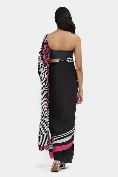 Shop Satya Paul Black Satin, Georgette Illusion Saree With Running Blouse at Aza Fashions Shop_Satya Paul_Black Satin, Georgette Illusion Saree With Running Blouse _at_Aza_Fashions