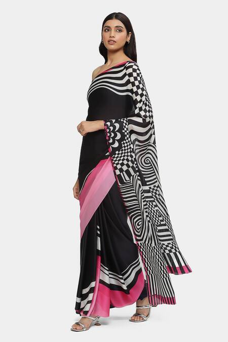 Satya Paul Black Satin, Georgette Illusion Saree With Running Blouse Online at Aza Fashions Satya Paul_Black Satin, Georgette Illusion Saree With Running Blouse _Online_at_Aza_Fashions