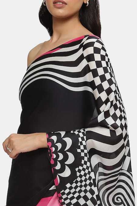 Shop Satya Paul Black Satin, Georgette Illusion Saree With Running Blouse Online at Aza Fashions Shop_Satya Paul_Black Satin, Georgette Illusion Saree With Running Blouse _Online_at_Aza_Fashions