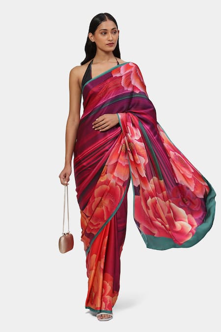 Satya Paul_Pink Satin, Georgette Crystals Gulaab Embellished Saree With Running Blouse _Online_at_Aza_Fashions