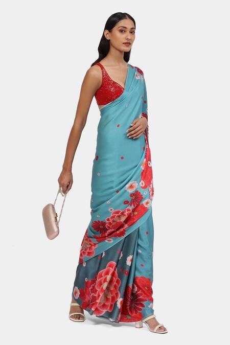 Buy Satya Paul Blue Satin, Georgette Crystals Ginza Embellished Saree With Running Blouse Online at Aza Fashions Buy_Satya Paul_Blue Satin, Georgette Crystals Ginza Embellished Saree With Running Blouse _Online_at_Aza_Fashions