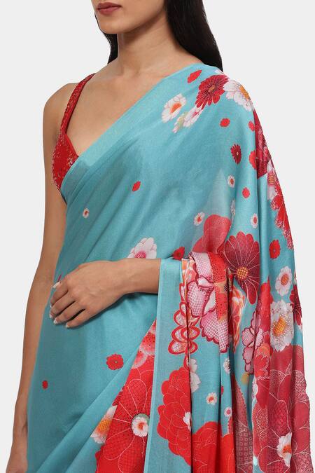 Shop Satya Paul Blue Satin, Georgette Crystals Ginza Embellished Saree With Running Blouse Online at Aza Fashions Shop_Satya Paul_Blue Satin, Georgette Crystals Ginza Embellished Saree With Running Blouse _Online_at_Aza_Fashions