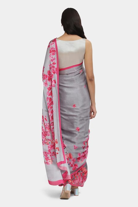 Shop Satya Paul Grey Satin, Georgette Bougainvillea Saree With Running Blouse at Aza Fashions Shop_Satya Paul_Grey Satin, Georgette Bougainvillea Saree With Running Blouse _at_Aza_Fashions