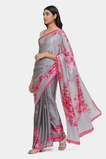 Satya Paul Grey Satin, Georgette Bougainvillea Saree With Running Blouse Online at Aza Fashions Satya Paul_Grey Satin, Georgette Bougainvillea Saree With Running Blouse _Online_at_Aza_Fashions
