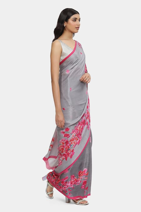 Buy Satya Paul Grey Satin, Georgette Bougainvillea Saree With Running Blouse Online at Aza Fashions Buy_Satya Paul_Grey Satin, Georgette Bougainvillea Saree With Running Blouse _Online_at_Aza_Fashions