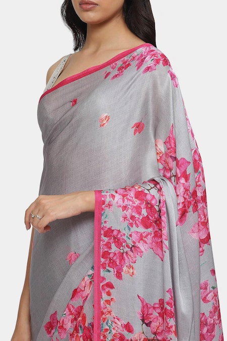 Shop Satya Paul Grey Satin, Georgette Bougainvillea Saree With Running Blouse Online at Aza Fashions Shop_Satya Paul_Grey Satin, Georgette Bougainvillea Saree With Running Blouse _Online_at_Aza_Fashions