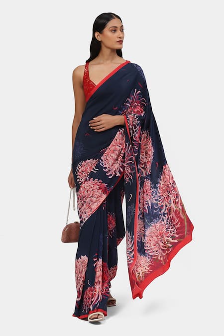 Satya Paul Blue Crepe Moonlit Mums Saree With Running Blouse 