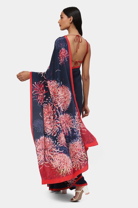 Shop Satya Paul Blue Crepe Moonlit Mums Saree With Running Blouse at Aza Fashions Shop_Satya Paul_Blue Crepe Moonlit Mums Saree With Running Blouse _at_Aza_Fashions