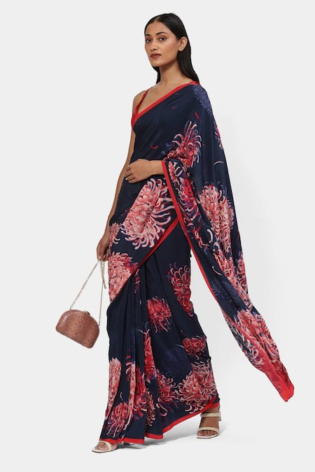 Satya Paul Blue Crepe Moonlit Mums Saree With Running Blouse Online at Aza Fashions Satya Paul_Blue Crepe Moonlit Mums Saree With Running Blouse _Online_at_Aza_Fashions