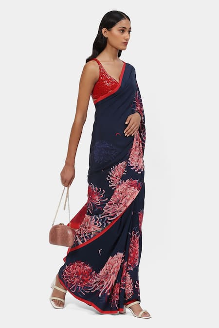 Buy Satya Paul Blue Crepe Moonlit Mums Saree With Running Blouse Online at Aza Fashions Buy_Satya Paul_Blue Crepe Moonlit Mums Saree With Running Blouse _Online_at_Aza_Fashions