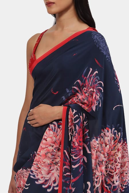 Shop Satya Paul Blue Crepe Moonlit Mums Saree With Running Blouse Online at Aza Fashions Shop_Satya Paul_Blue Crepe Moonlit Mums Saree With Running Blouse _Online_at_Aza_Fashions