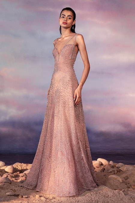 Rohit Gandhi + Rahul Khanna_Pink Tulle Sequins, Crystals Sweetheart Neck Tonal Metallic Embellished Gown _Online_at_Aza_Fashions