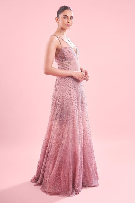 Rohit Gandhi + Rahul Khanna Pink Tulle Embellished Tonal Metallic Sequin Sweetheart Neck Gown  