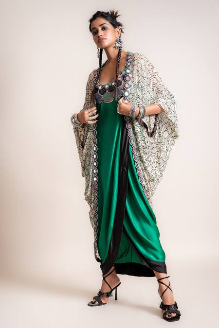 Shop Nupur Kanoi Green Kite- Georgette And Sack Dress- Satin Mirror, Beads, Peacock Print, Jacket & Online at Aza Fashions Shop_Nupur Kanoi_Green Kite- Georgette And Sack Dress- Satin Mirror, Beads, Peacock Print, Jacket &_Online_at_Aza_Fashions
