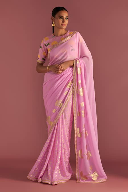 Masaba Pink Georgette, Silk Embroidery, Foil Springbud Saree With Raw Blouse Piece at Aza Fashions Masaba_Pink Georgette, Silk Embroidery, Foil Springbud Saree With Raw Blouse Piece_at_Aza_Fashions