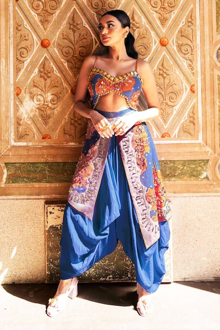 Papa Don't Preach Pret_Blue Cotton Sequins, Crystals Flambe Printed And Embroidered Dhoti Jumpsuit _Online_at_Aza_Fashions