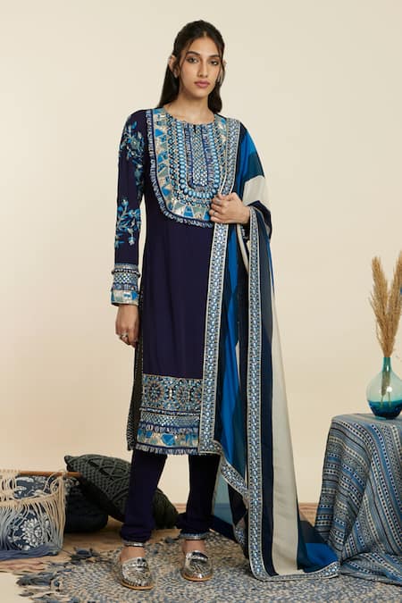 SVA by Sonam & Paras Modi Blue Crepe Woven Floral Round Embroidered Kurta Pant Set 