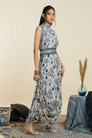 Sva By Sonam & Paras Modi_Blue Crepe Woven Floral High Neck Print Draped Dress With Belt_Online_at_Aza_Fashions