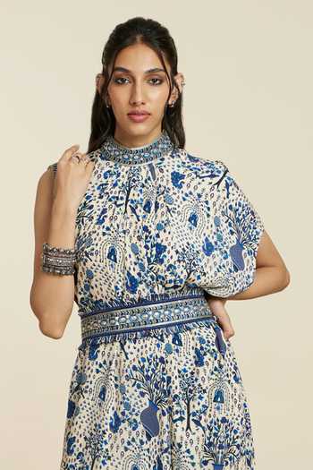 Buy_Sva By Sonam & Paras Modi_Blue Crepe Woven Floral High Neck Print Draped Dress With Belt_Online_at_Aza_Fashions