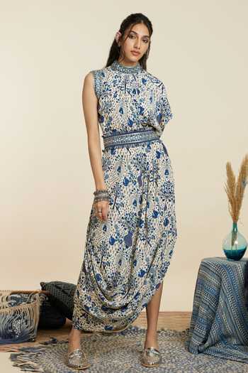 Shop_Sva By Sonam & Paras Modi_Blue Crepe Woven Floral High Neck Print Draped Dress With Belt_Online_at_Aza_Fashions